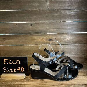 NIB Womens Ecco Touch 45‎ WS Black Leather Comfort MIni Wedge Sandals Size EU 40